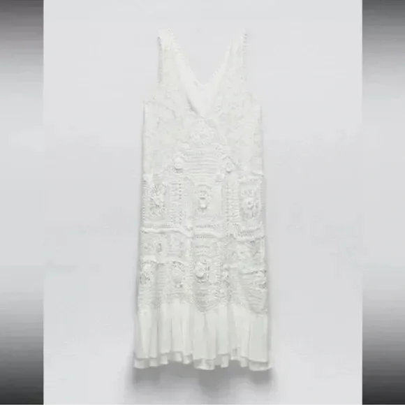ZARA WHITE CONTRAST CROCHET KNIT MIDI DRESS Ruffled Hem $169 - Picture 3 of 8